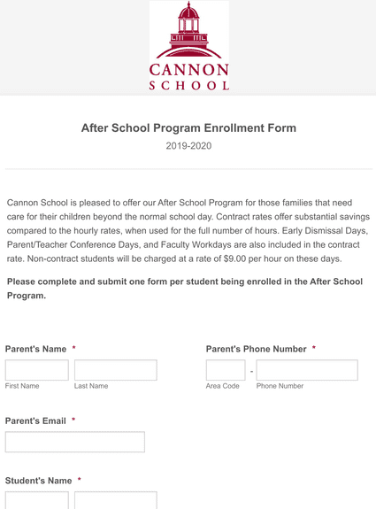 Form Templates: 2020 2021 After School Program Enrollment Form