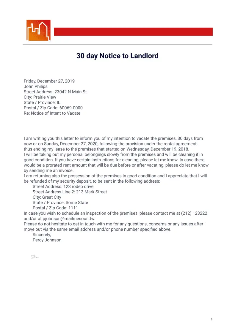 30 day Notice to Landlord 