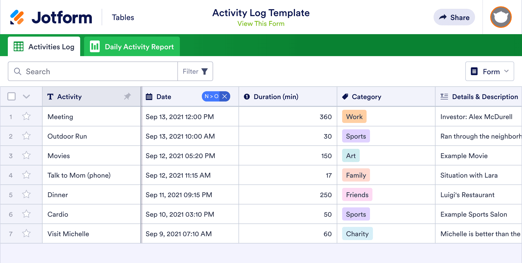 Activity Log Template | Jotform Tables