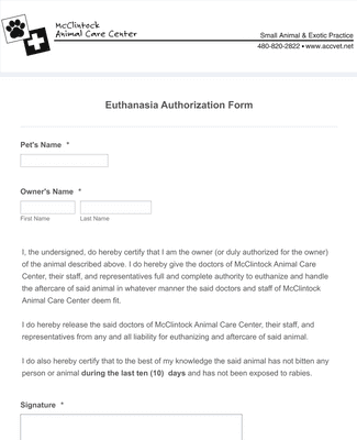 Euthanasia Paperwork Drop Off PDF Form Template | Jotform