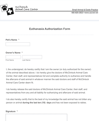 Animal Euthanasia Authorization Form