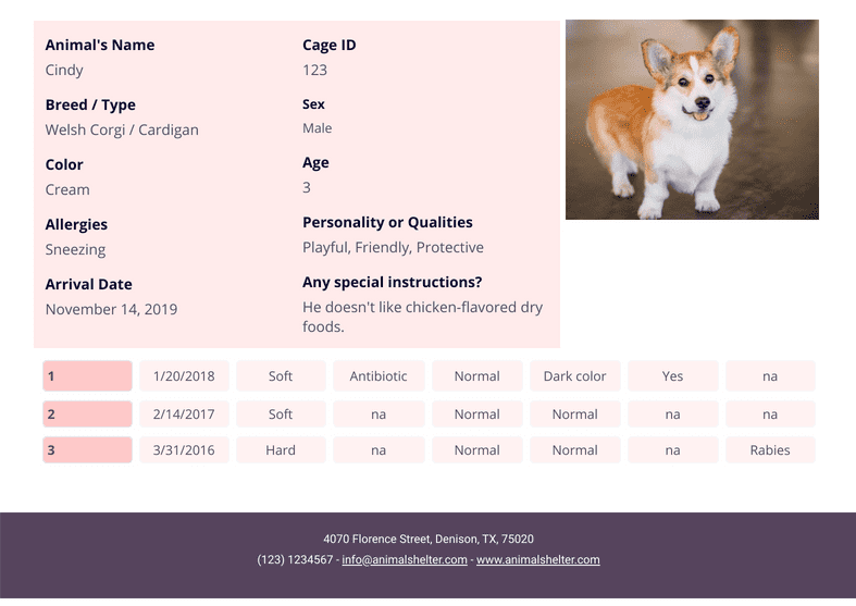 Animal Shelter Cage Card Template