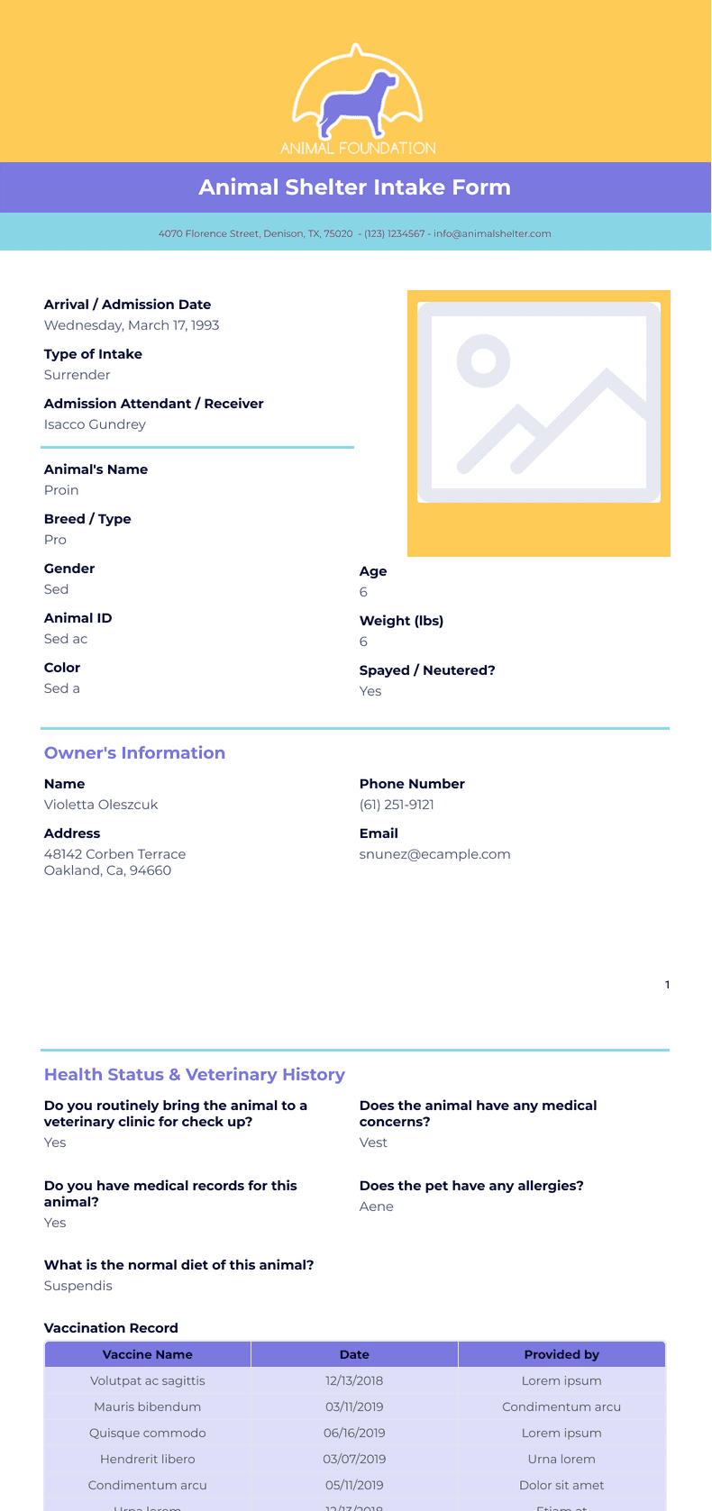 Animal Control Intake Record Animal Shelter Intake Form Template - PDF Templates | Jotform