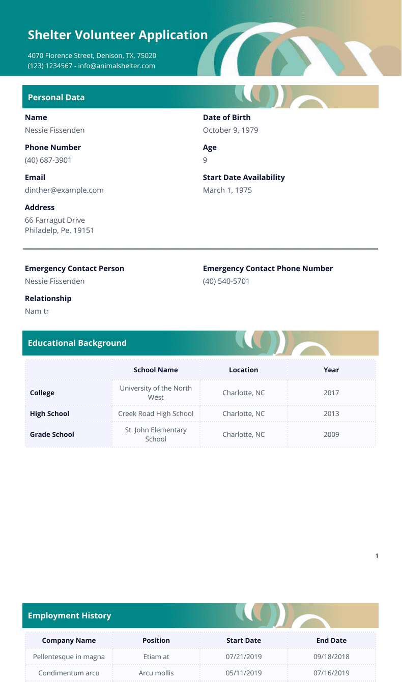 Animal Shelter Volunteer Application Template - PDF Templates | Jotform