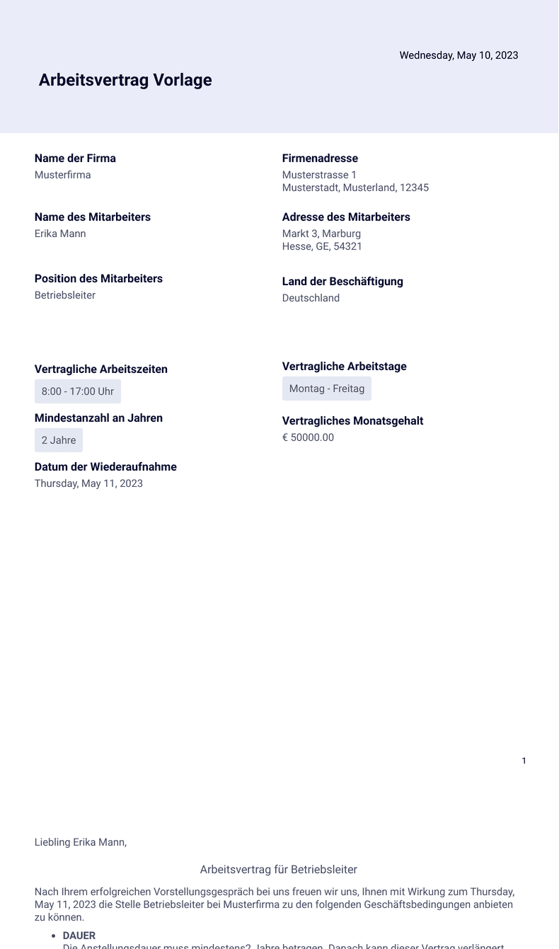 Arbeitsvertrag Vorlage - PDF-Vorlagen | Jotform