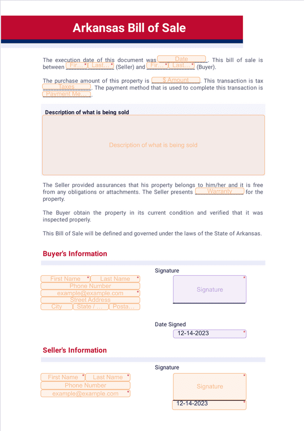 Arkansas Bill of Sale Sign Templates Jotform