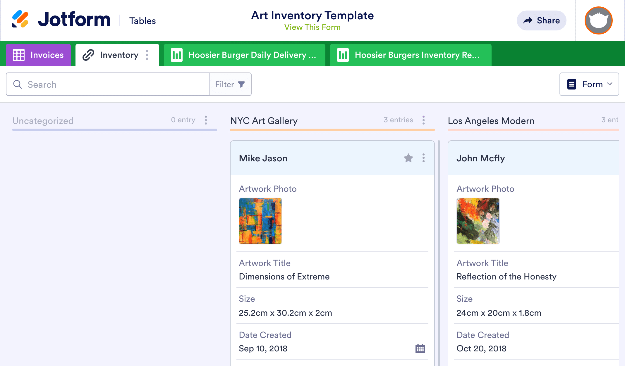 Art Inventory Template Jotform Tables