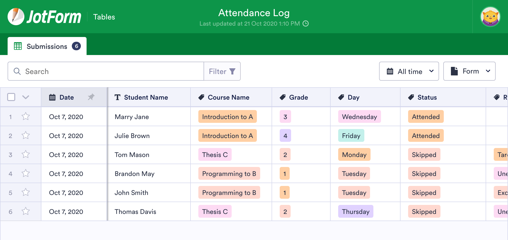 Attendance Log Template | JotForm Tables