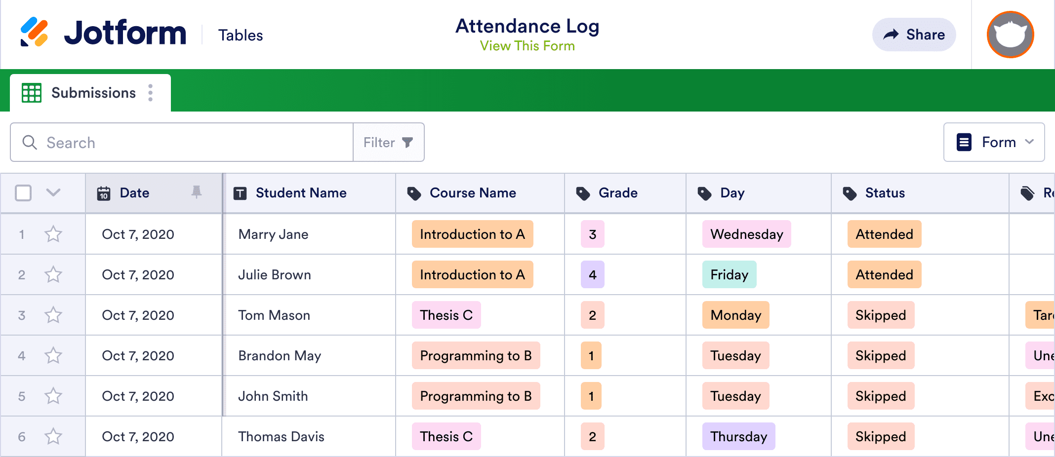 Attendance Log Template | Jotform Tables