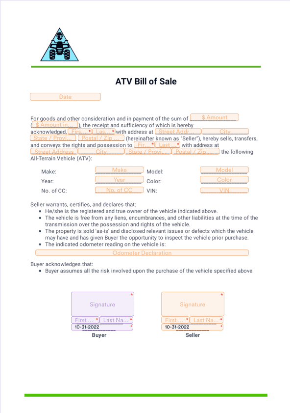 Sign Templates: ATV Bill of Sale
