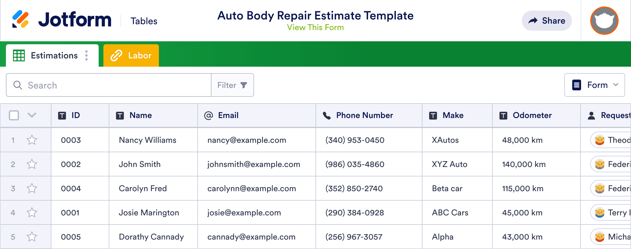 Auto Body Repair Estimate Template Jotform Tables