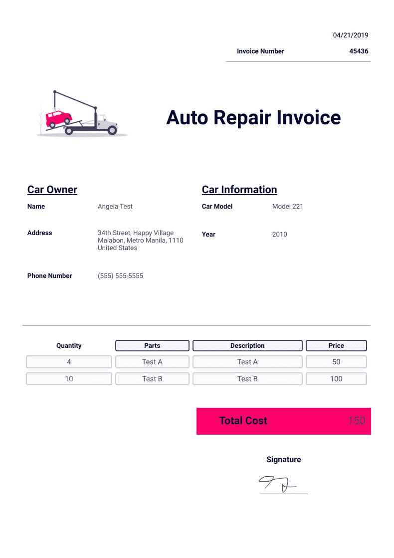 PDF Templates: Auto Repair Invoice Template