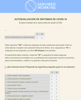 Form Templates: AUTOEVALUACIÓN DE SÍNTOMAS DE COVID 19 INGRESO CEA