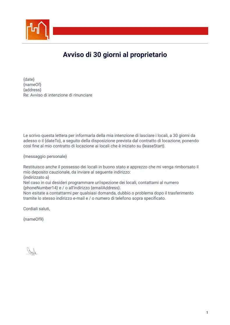 Avviso di 30 giorni al proprietario - Template PDF | Jotform