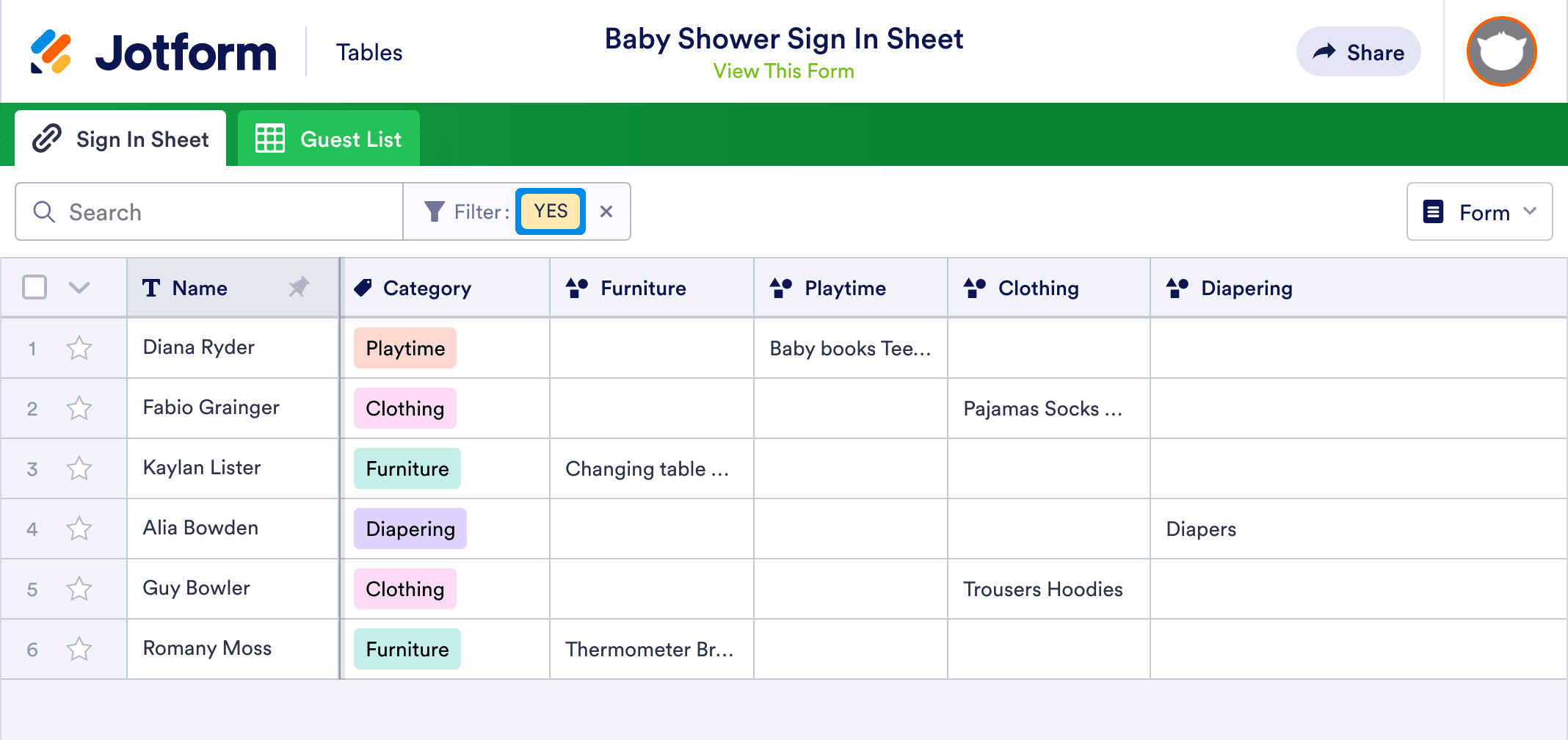 Baby Shower Sign In Sheet Template | Jotform Tables