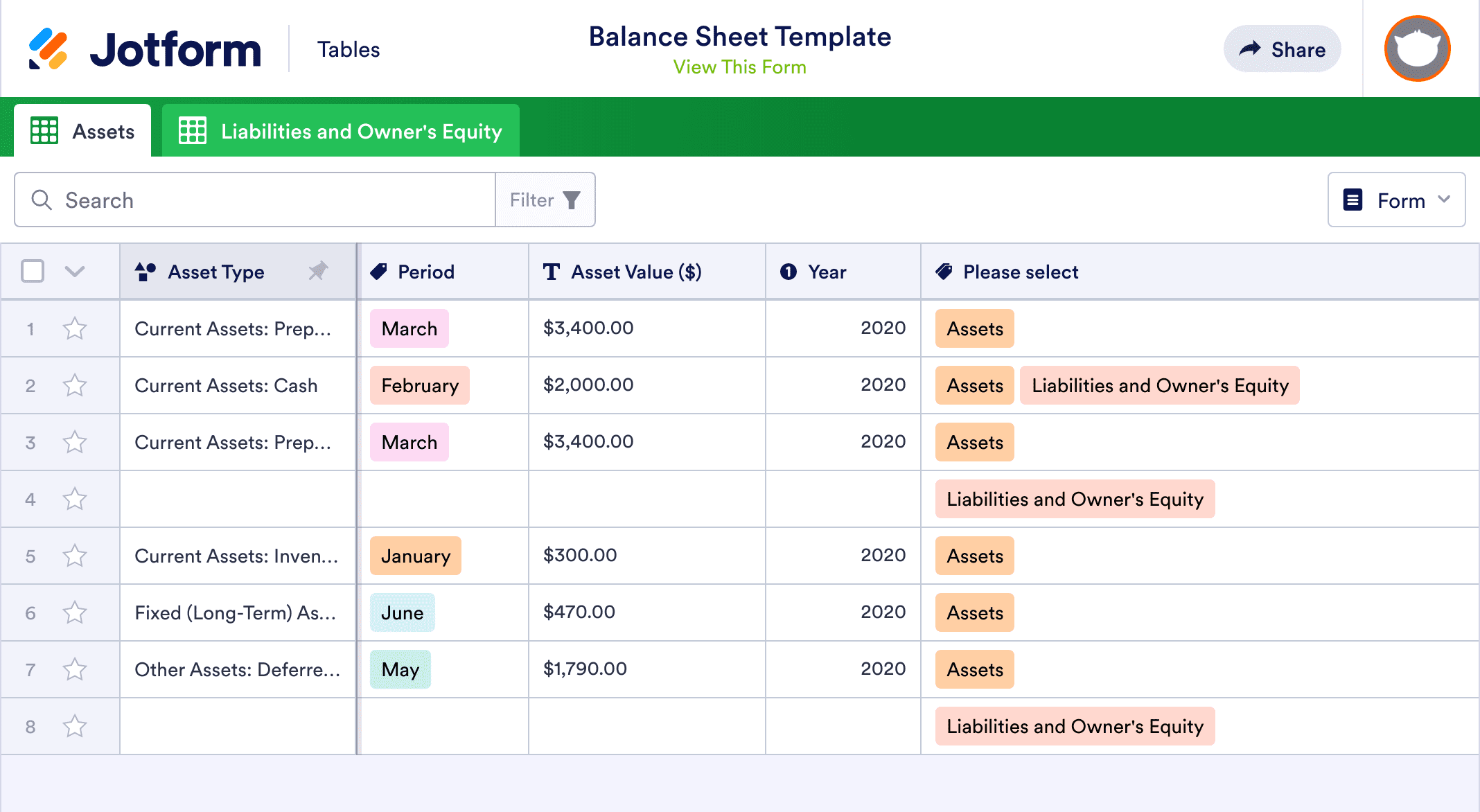 Balance Sheet Template | Jotform Tables