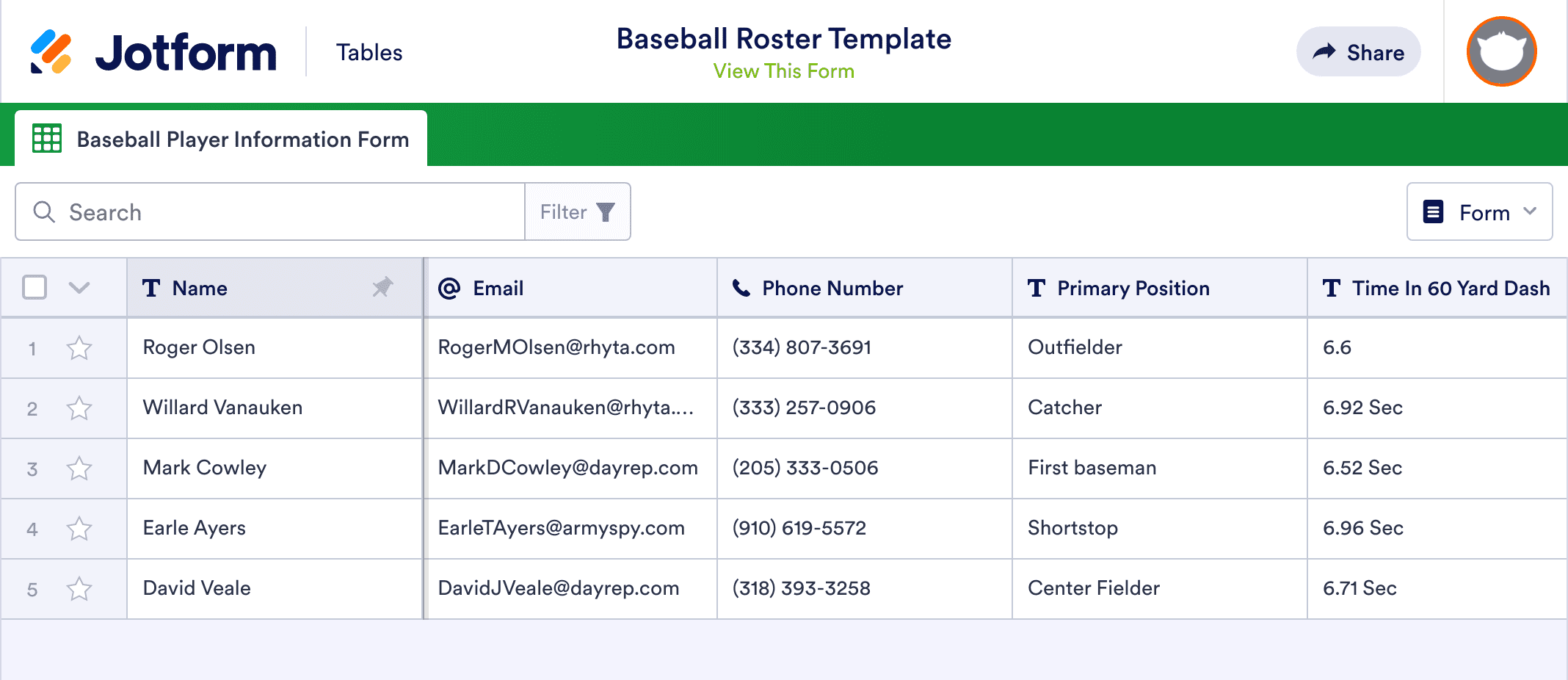 Baseball Roster Template | Jotform Tables