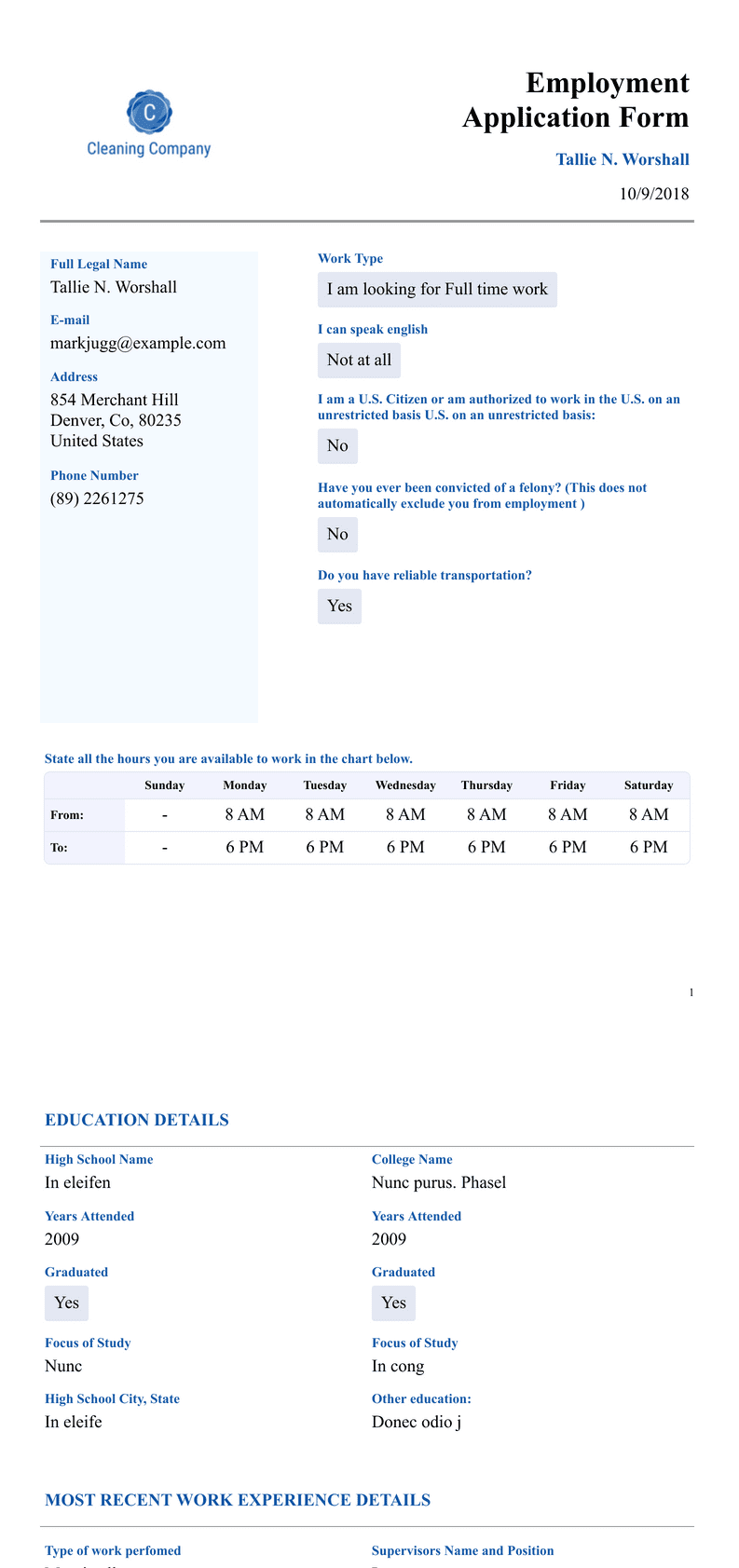 Generic Employment Application Form Pdf