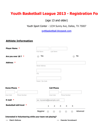 Form Templates: Basketball League Registration Form 