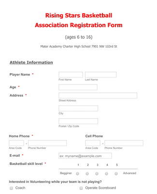 Form Templates: Basketball Tournament Registration Form 