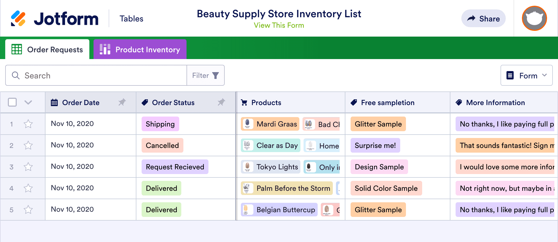 Beauty Supply Store Inventory List Template | Jotform Tables