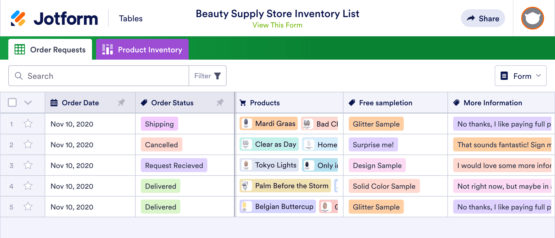 Beauty Supply Store Inventory List Template | Jotform Tables