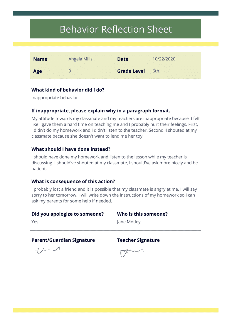 Behavior Reflection Form Example Behavior Reflection Sheet - PDF Templates | Jotform