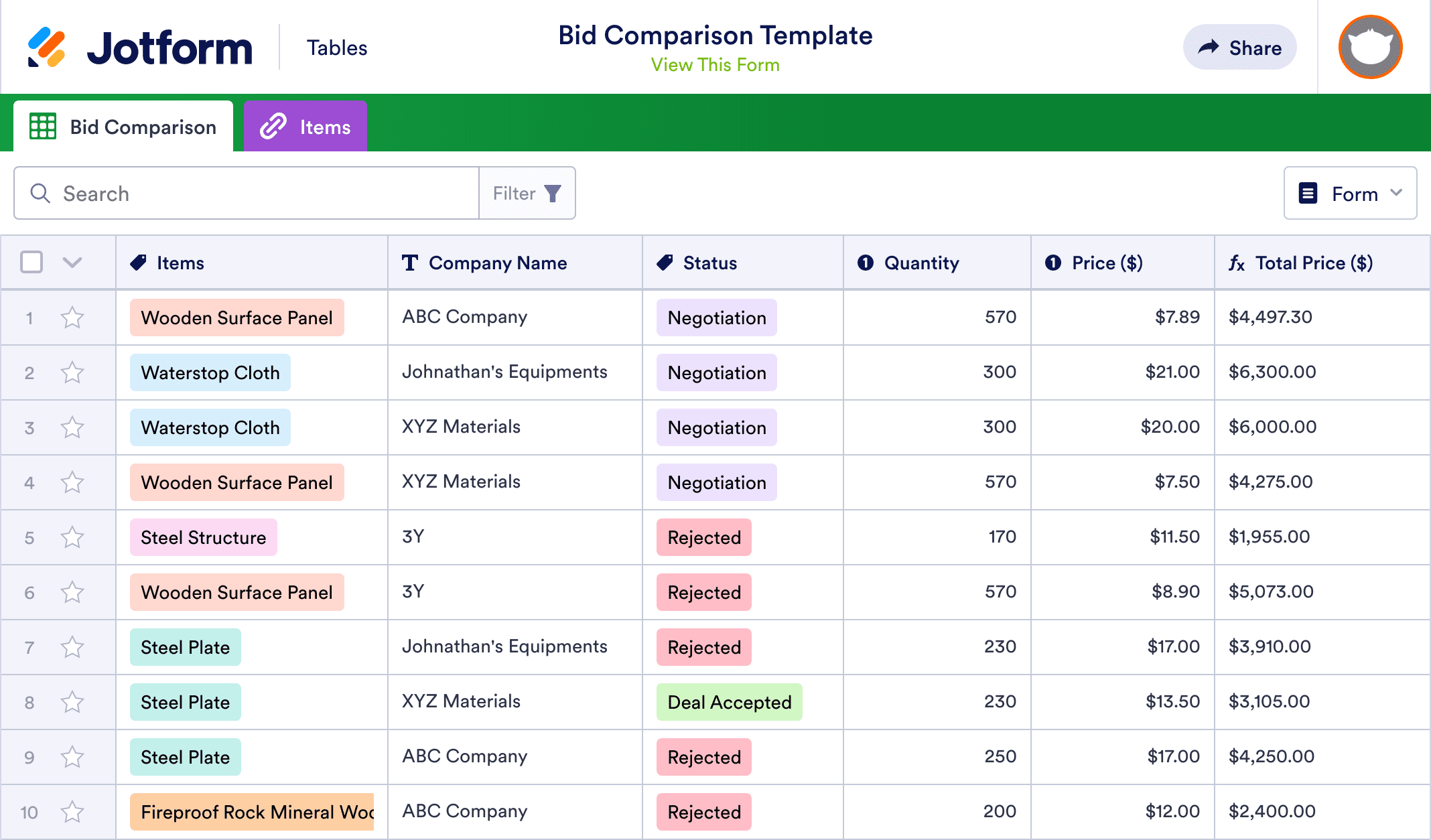 Bid Comparison Template | Jotform Tables