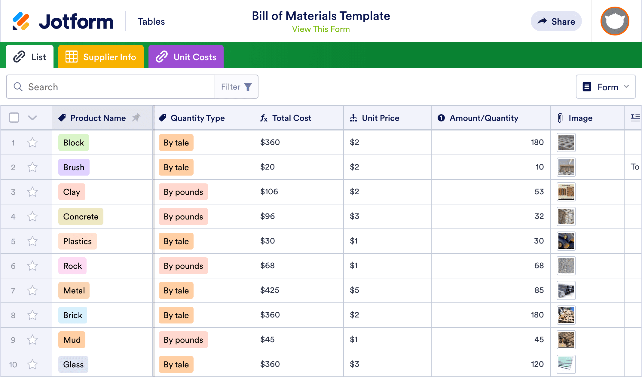 Bill of Materials Template | Jotform Tables