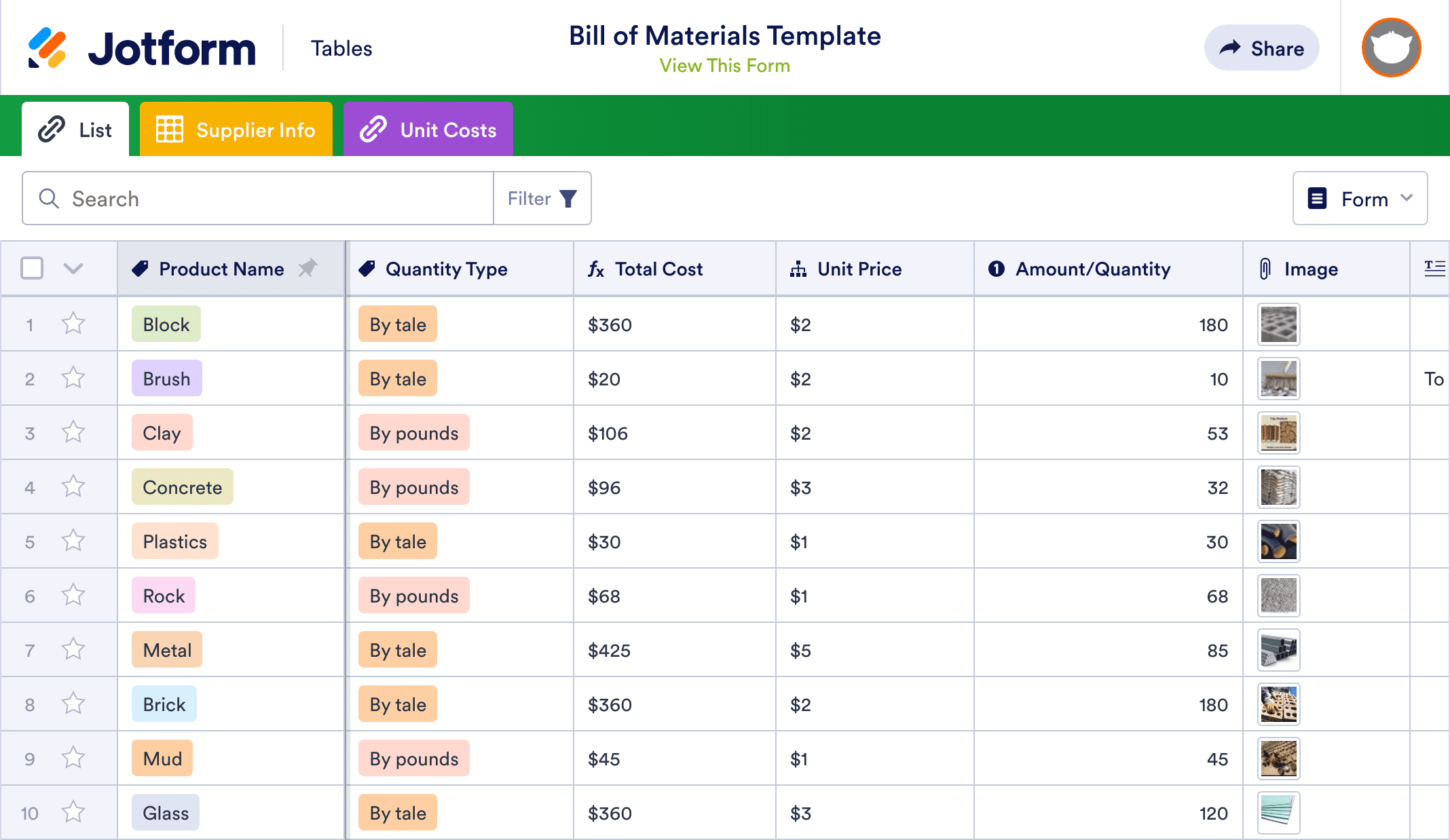 Bill of Materials Template