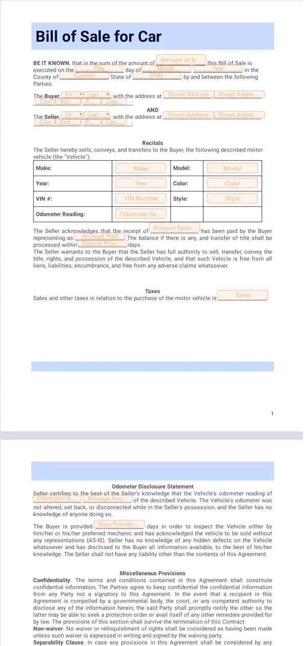 Bill of Sale for Car