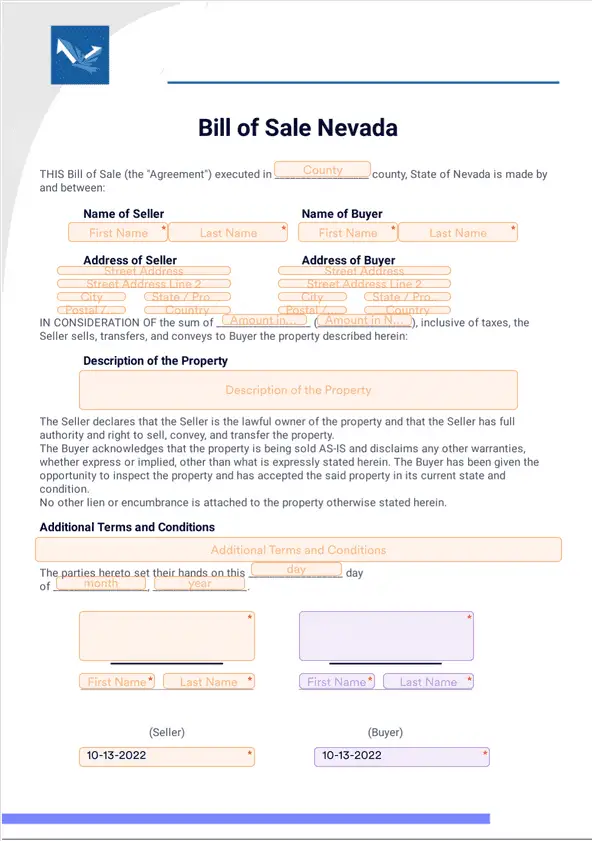 Bill Of Sale Nevada