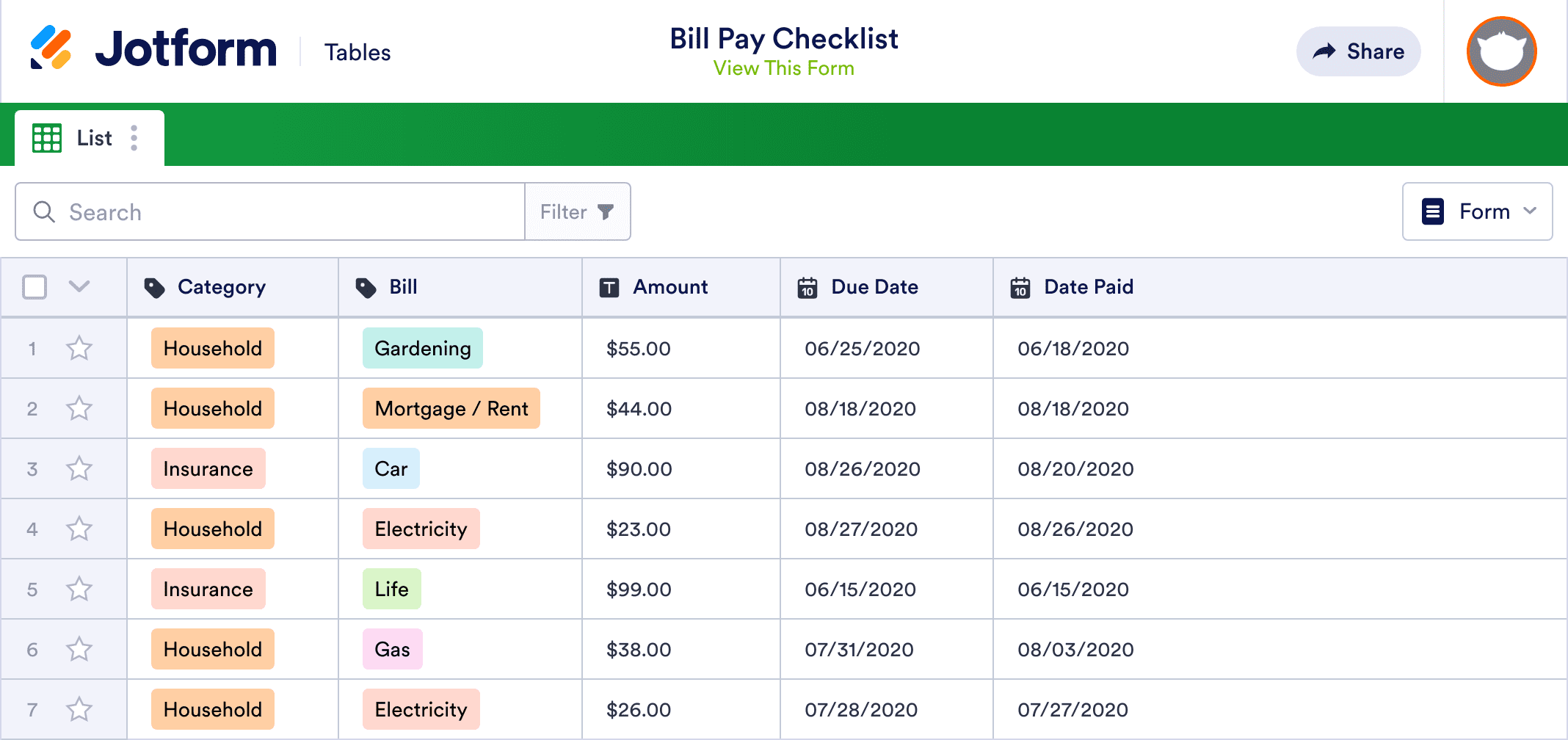 Bill Pay Checklist