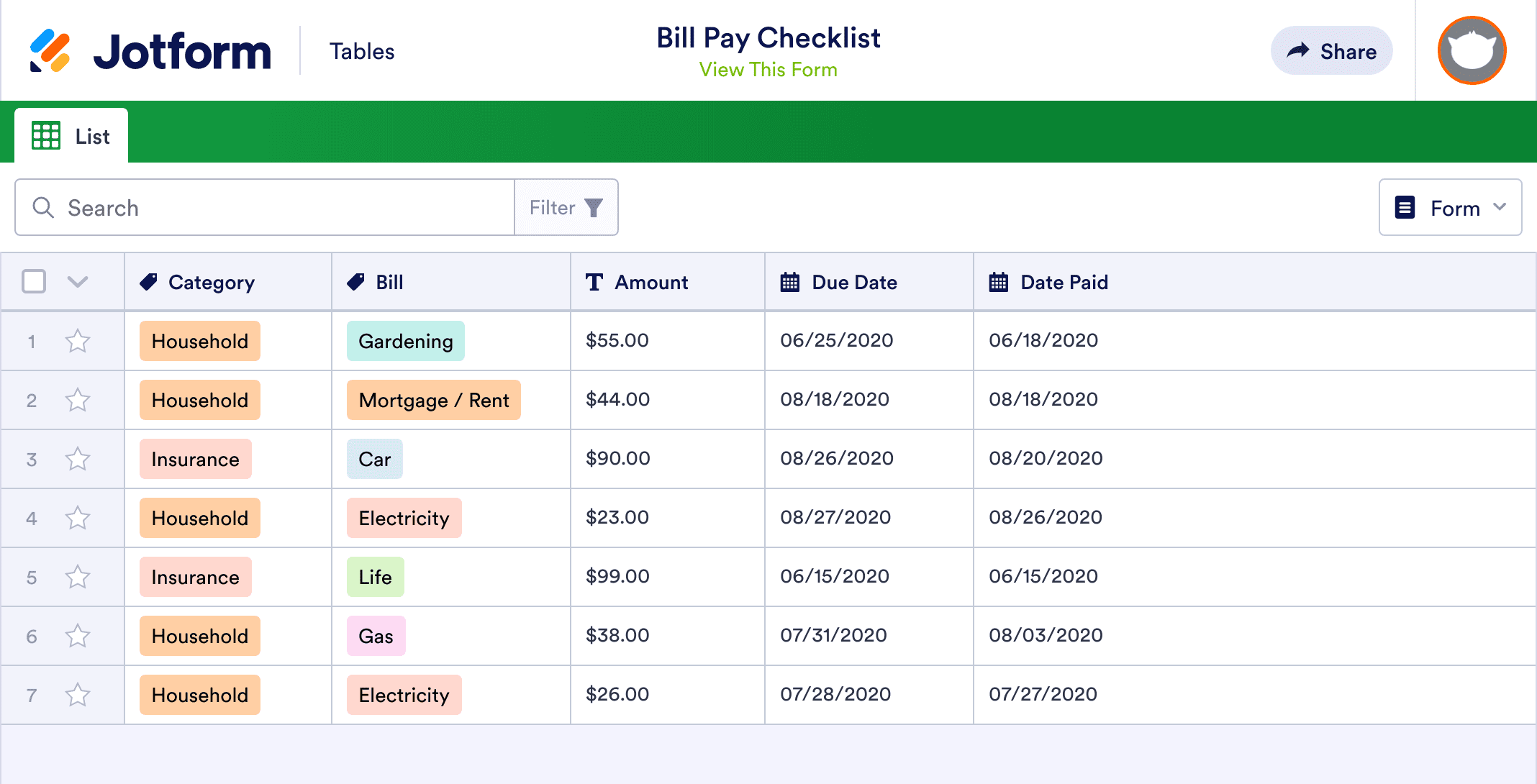 Bill Pay Checklist