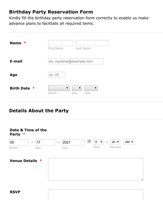 Form Templates: Birthday Party Form