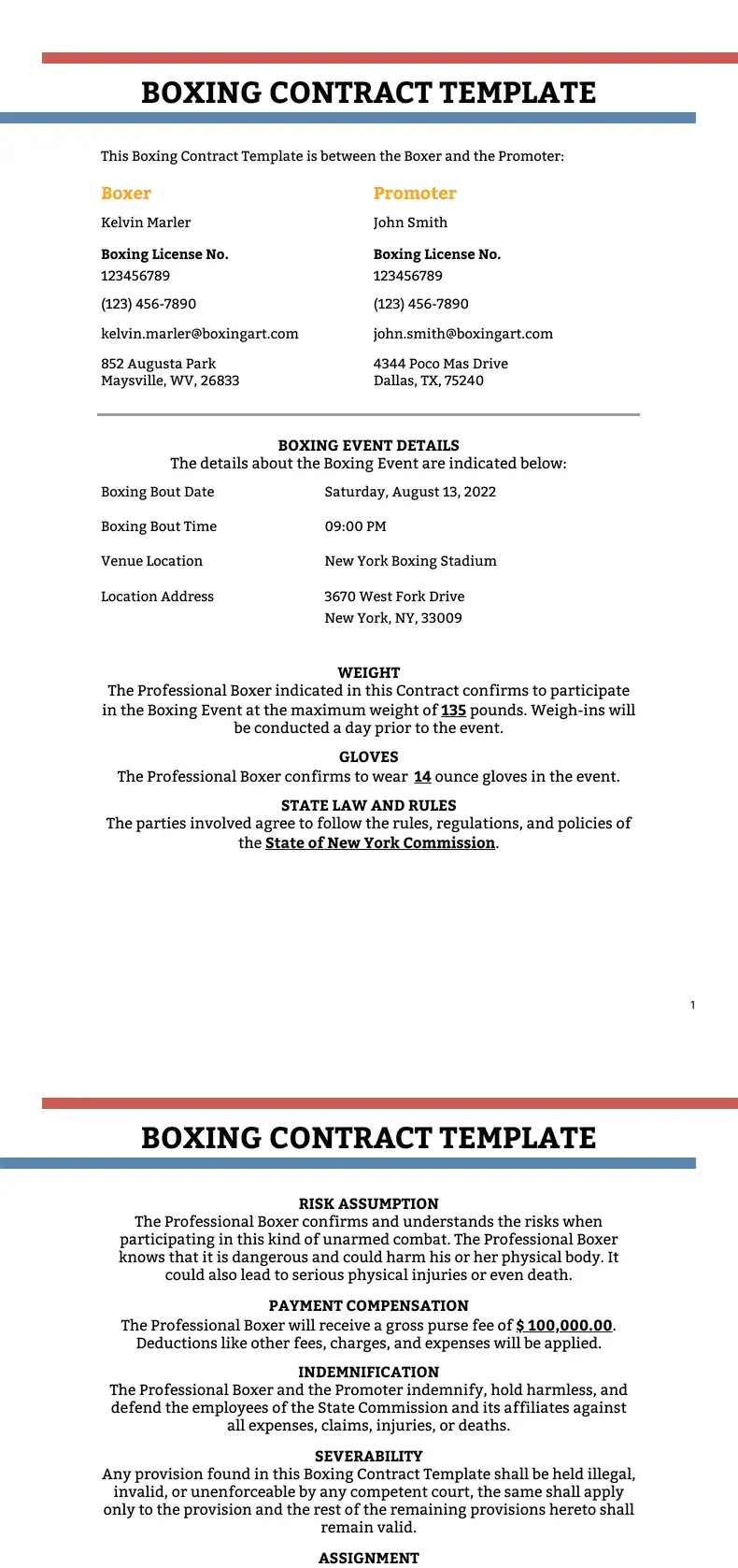Boxing Contract