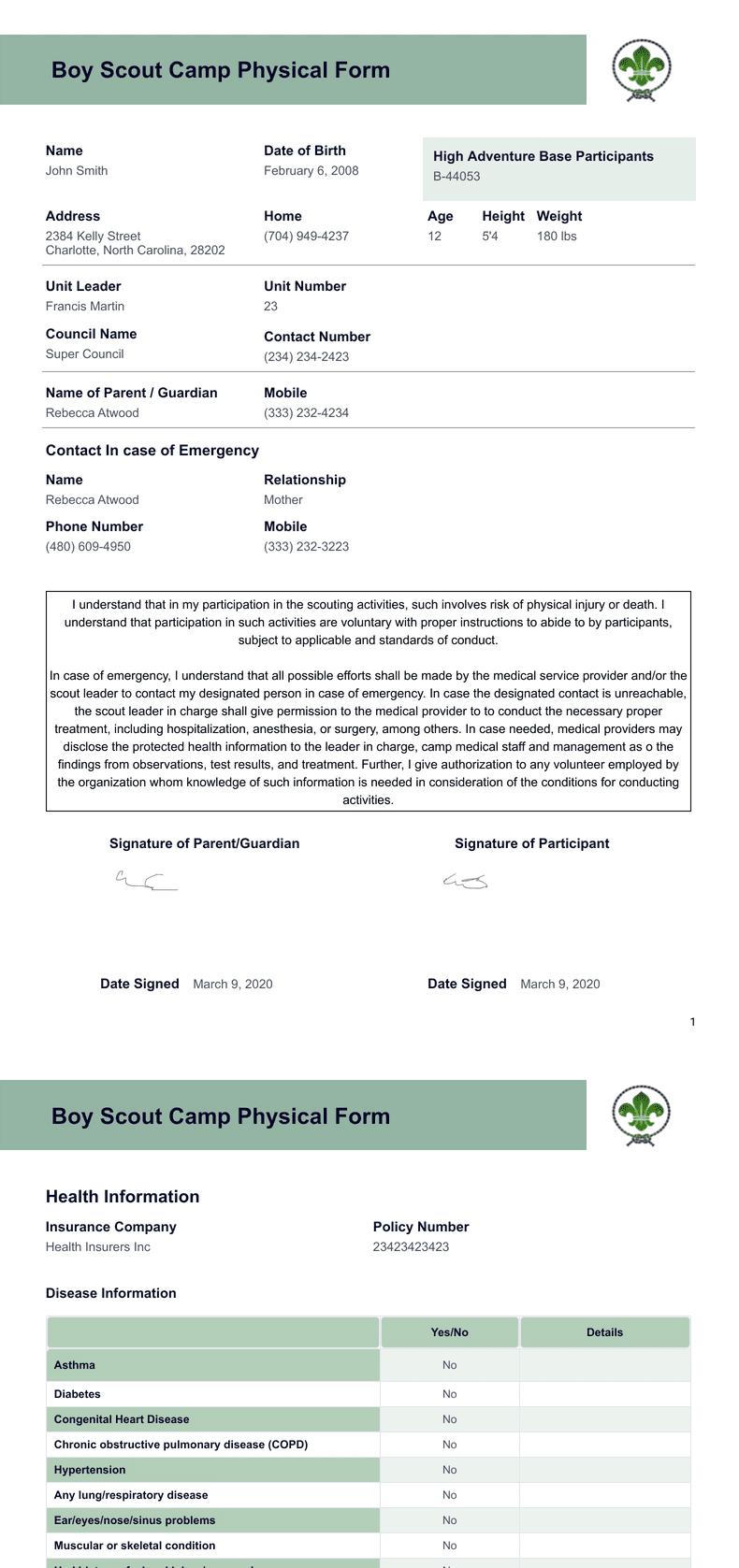 PDF Templates: Boy Scout Camp Physical Form