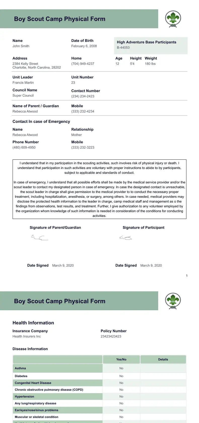 Boy Scout Camp Physical Form