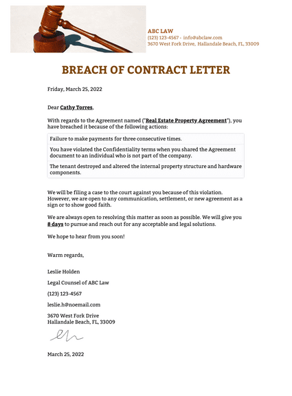Breach of Contract Letter 