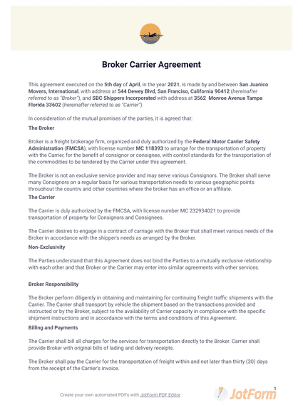 Broker Carrier Agreement