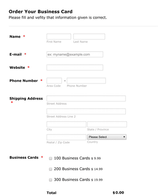 Form Templates: Business Card Order Form