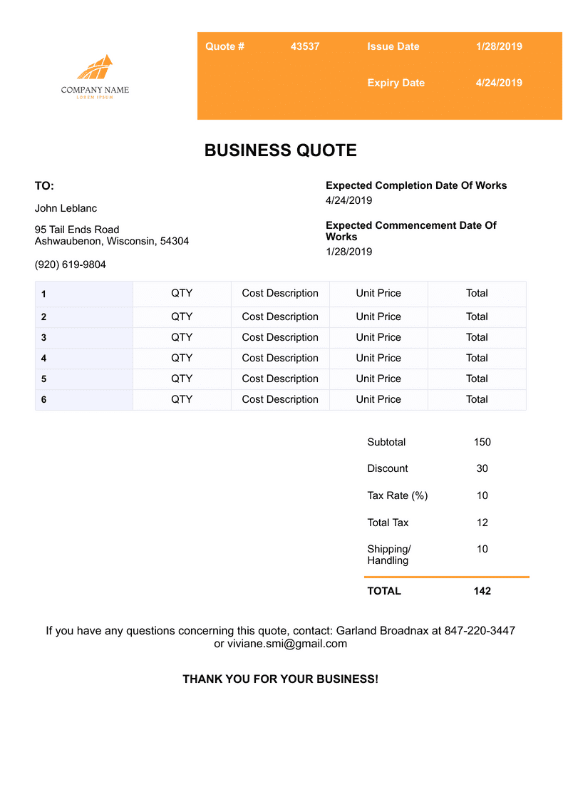 Business Quote Template - PDF Templates | Jotform