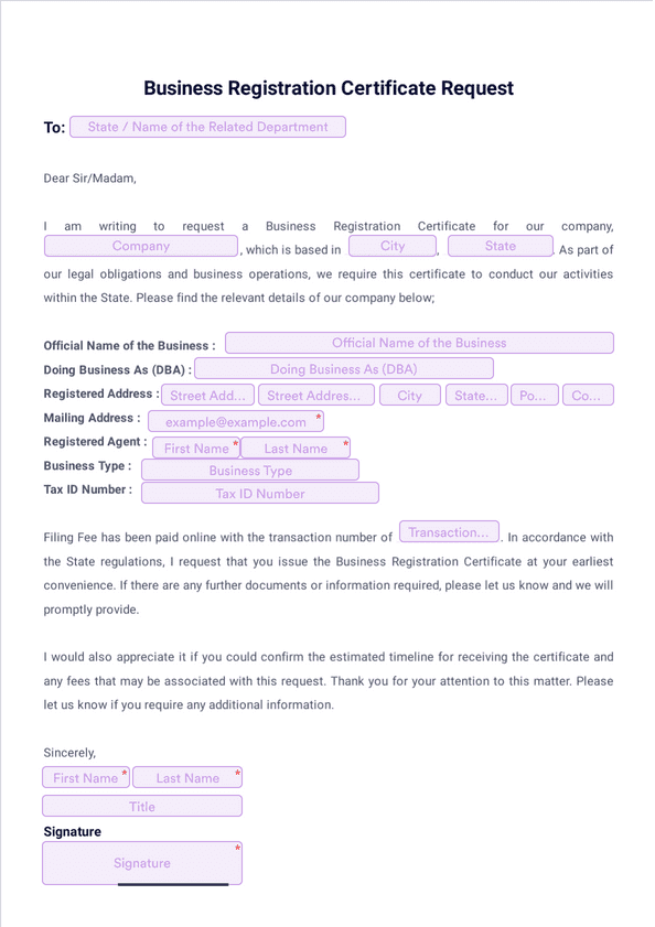 Business Registration Certificate Sign Templates Jotform