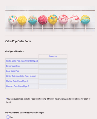 Form Templates: Cake Pop Order Form Template