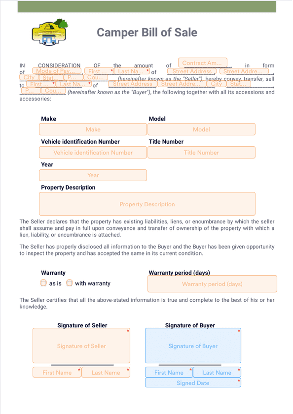 Camper Bill of Sale Template Sign Templates Jotform