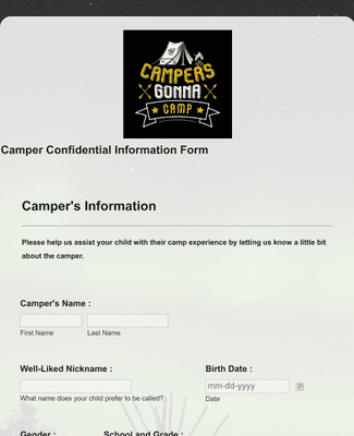 Form Templates: Camper Confidential Information Form
