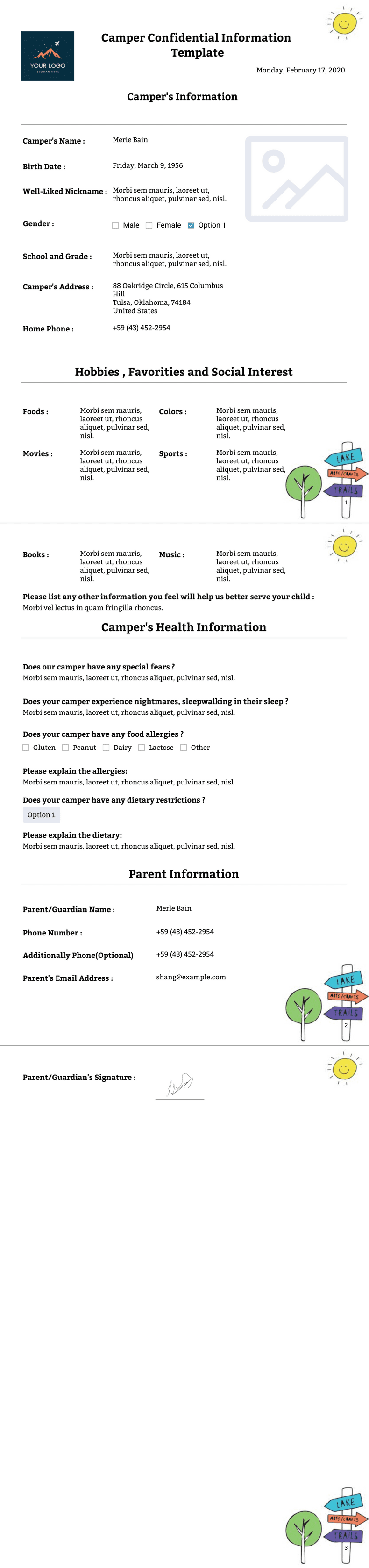 Camper Confidential Information Template