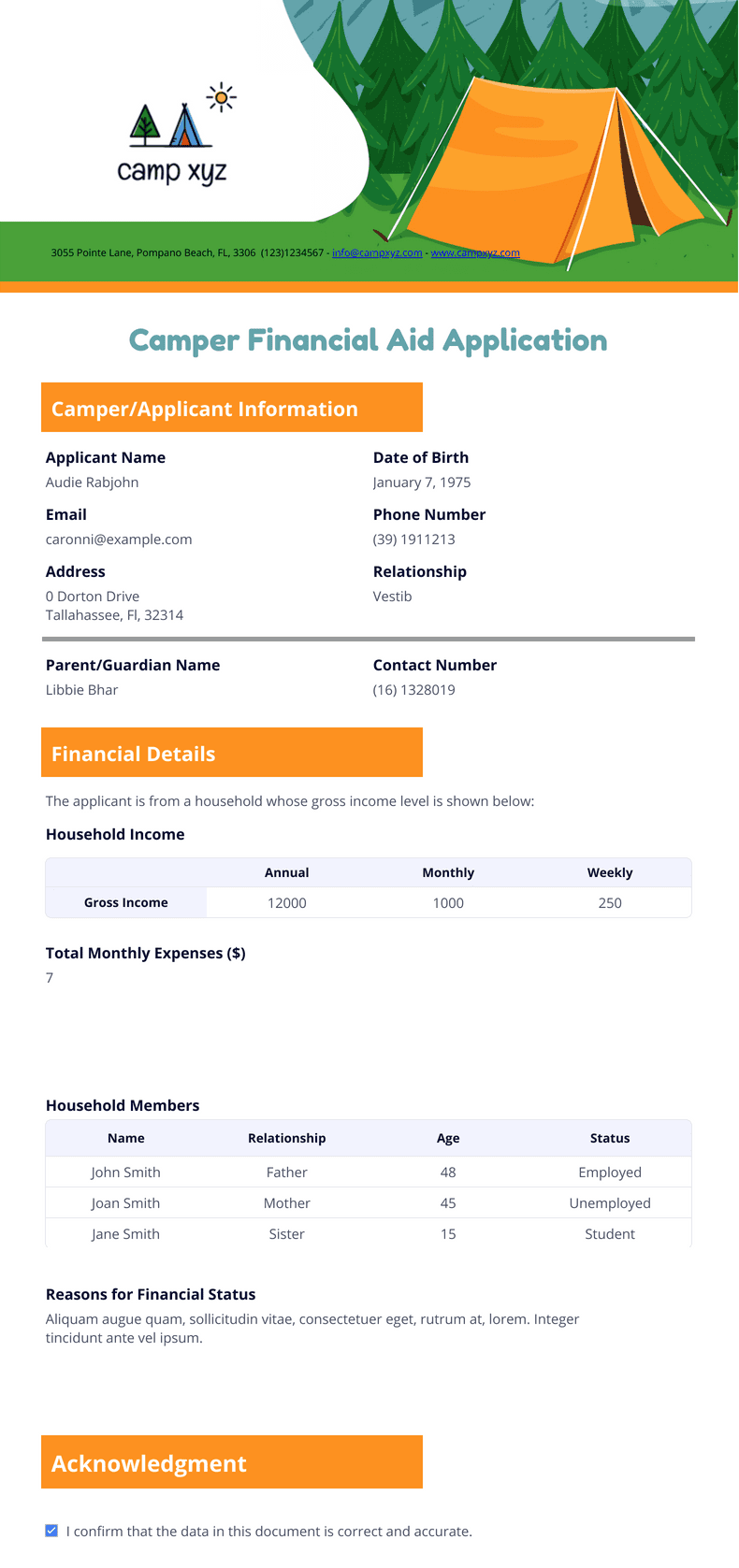 Camper Financial Aid Application Template