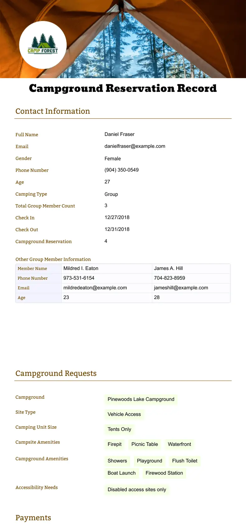 Campground Reservation Record