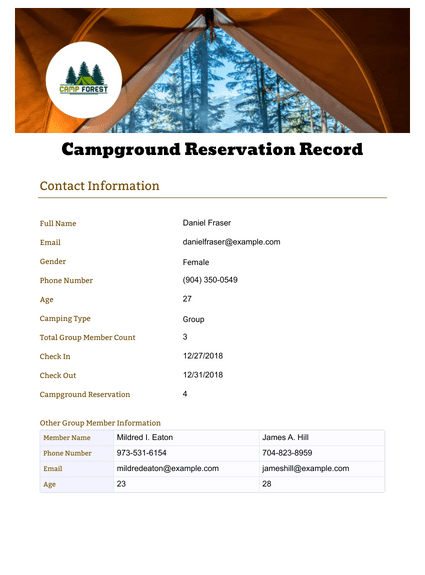 Campground Reservation Record Template